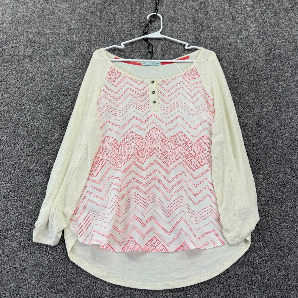 Maurices Henley Top Womens Medium Cream Red Chevron Long Sleeve Roll Tab Casual